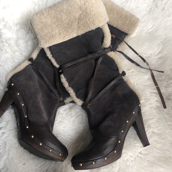 Michael Kors Shearling Fur Leather Studded Platform Clog Boots - Picture 3 of 9